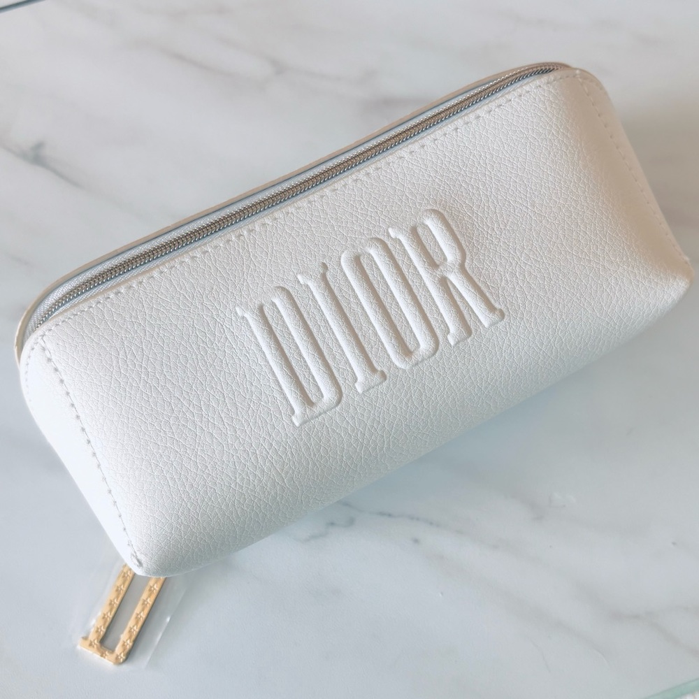 DIOR White Faux Leather Cosmetic Pouch Makeup Bag Case Embossed Logo New